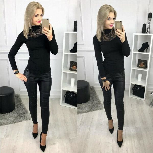 The Best Lady Women Lace Hollow Out Stand Collar Slim Fit Comfortable Bassic Shirt Top Long Sleeve Casual Tops Online - Takalr