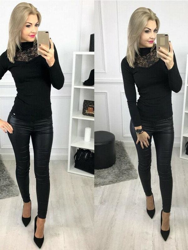 The Best Lady Women Lace Hollow Out Stand Collar Slim Fit Comfortable Bassic Shirt Top Long Sleeve Casual Tops Online - Takalr