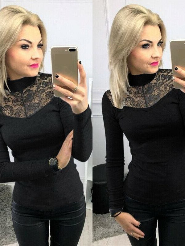 The Best Lady Women Lace Hollow Out Stand Collar Slim Fit Comfortable Bassic Shirt Top Long Sleeve Casual Tops Online - Takalr