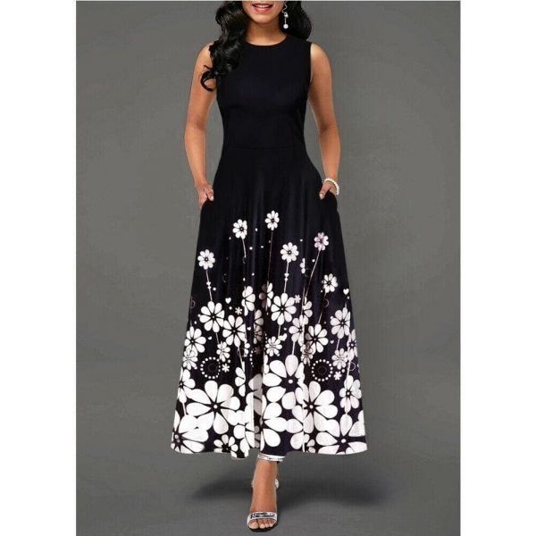 The Best Large Size Elegant Women's Floral Print Long Maxi Dress Evening Party Beach Dress Summer Sleeveless Long Flower Sundress Costume Online - Source Silk