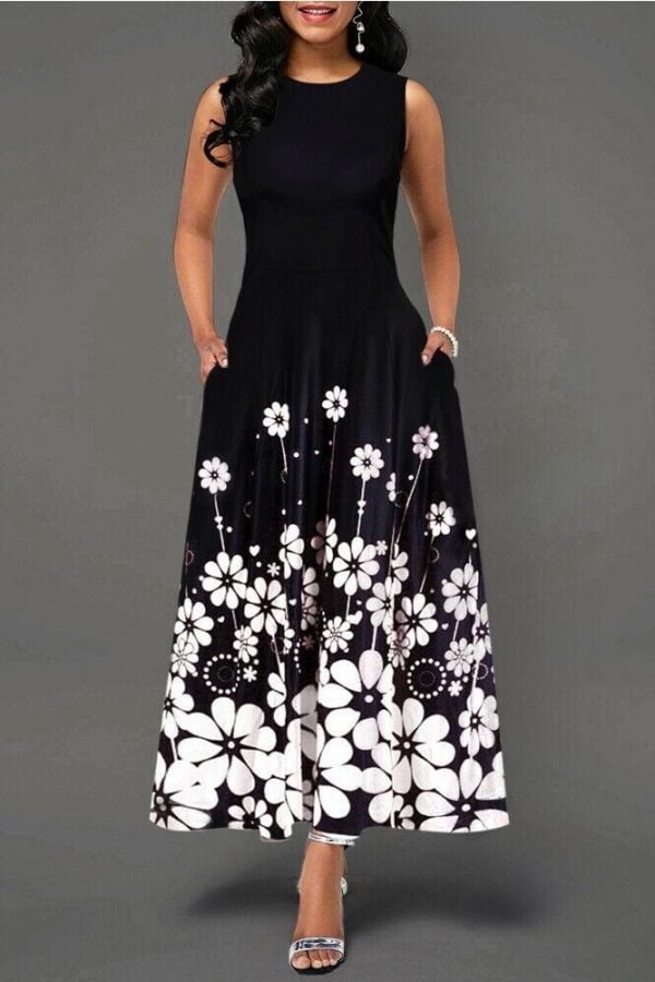 The Best Large Size Elegant Women's Floral Print Long Maxi Dress Evening Party Beach Dress Summer Sleeveless Long Flower Sundress Costume Online - Source Silk