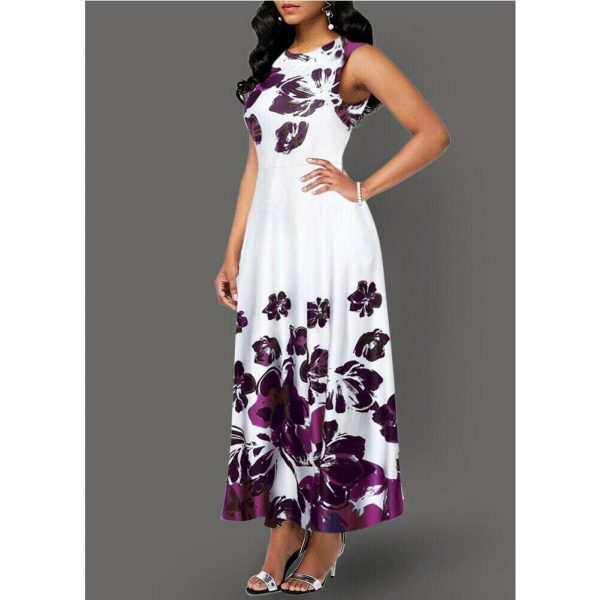 The Best Large Size Elegant Women's Floral Print Long Maxi Dress Evening Party Beach Dress Summer Sleeveless Long Flower Sundress Costume Online - Source Silk