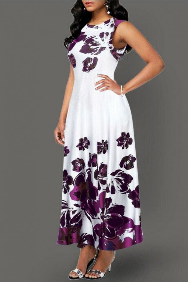 The Best Large Size Elegant Women's Floral Print Long Maxi Dress Evening Party Beach Dress Summer Sleeveless Long Flower Sundress Costume Online - Source Silk