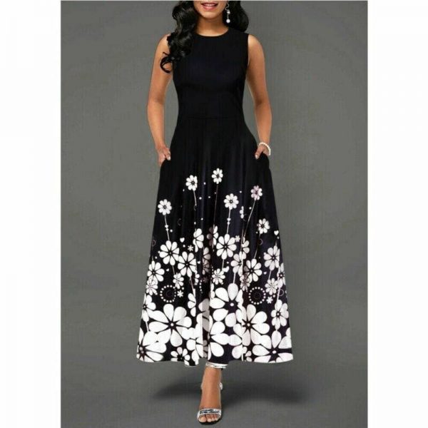 The Best Large Size Elegant Women's Floral Print Long Maxi Dress Evening Party Beach Dress Summer Sleeveless Long Flower Sundress Costume Online - Source Silk