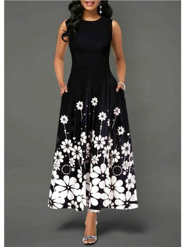 The Best Large Size Elegant Women's Floral Print Long Maxi Dress Evening Party Beach Dress Summer Sleeveless Long Flower Sundress Costume Online - Source Silk