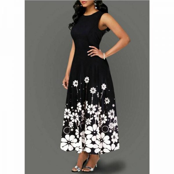 The Best Large Size Elegant Women's Floral Print Long Maxi Dress Evening Party Beach Dress Summer Sleeveless Long Flower Sundress Costume Online - Source Silk