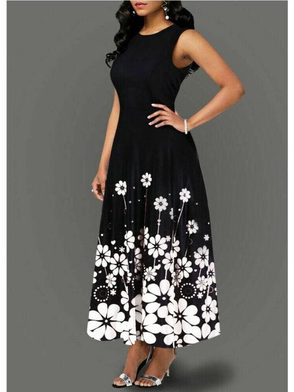 The Best Large Size Elegant Women's Floral Print Long Maxi Dress Evening Party Beach Dress Summer Sleeveless Long Flower Sundress Costume Online - Source Silk