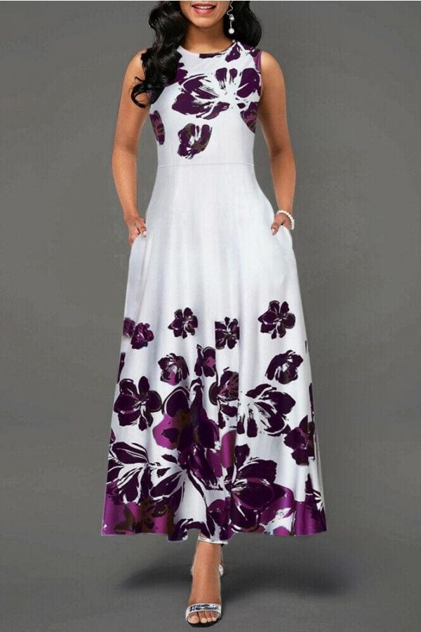 The Best Large Size Elegant Women's Floral Print Long Maxi Dress Evening Party Beach Dress Summer Sleeveless Long Flower Sundress Costume Online - Source Silk