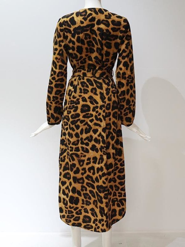 The Best Leopard Dress Women Loose Long Sleeve Deep V-neck A-line Dress Online - Source Silk