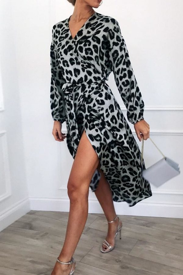 The Best Leopard Dress Women Loose Long Sleeve Deep V-neck A-line Dress Online - Source Silk