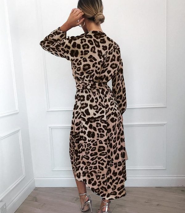 The Best Leopard Dress Women Loose Long Sleeve Deep V-neck A-line Dress Online - Source Silk