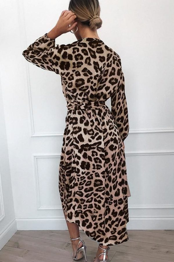 The Best Leopard Dress Women Loose Long Sleeve Deep V-neck A-line Dress Online - Source Silk