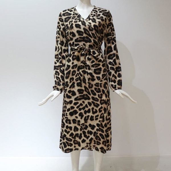 The Best Leopard Dress Women Loose Long Sleeve Deep V-neck A-line Dress Online - Source Silk