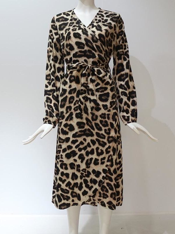 The Best Leopard Dress Women Loose Long Sleeve Deep V-neck A-line Dress Online - Source Silk