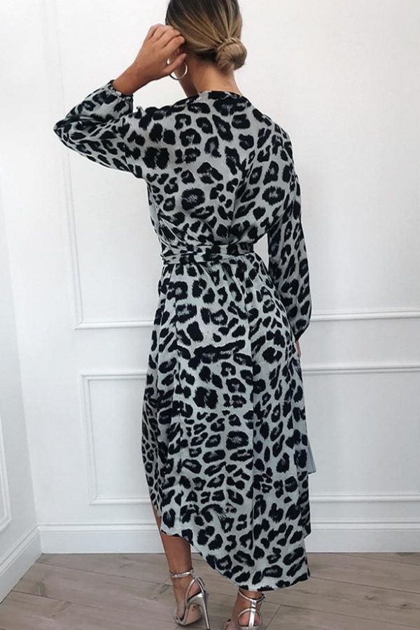 The Best Leopard Dress Women Loose Long Sleeve Deep V-neck A-line Dress Online - Source Silk