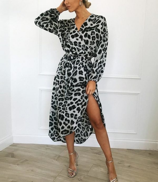 The Best Leopard Dress Women Loose Long Sleeve Deep V-neck A-line Dress Online - Source Silk