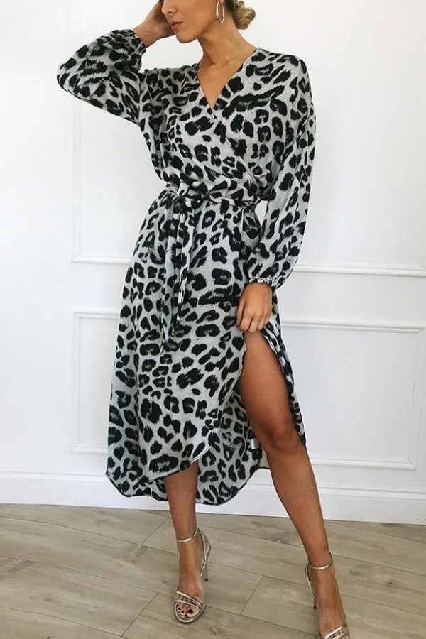 The Best Leopard Dress Women Loose Long Sleeve Deep V-neck A-line Dress Online - Source Silk