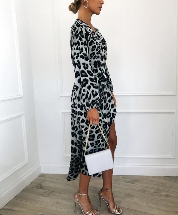 The Best Leopard Dress Women Loose Long Sleeve Deep V-neck A-line Dress Online - Source Silk