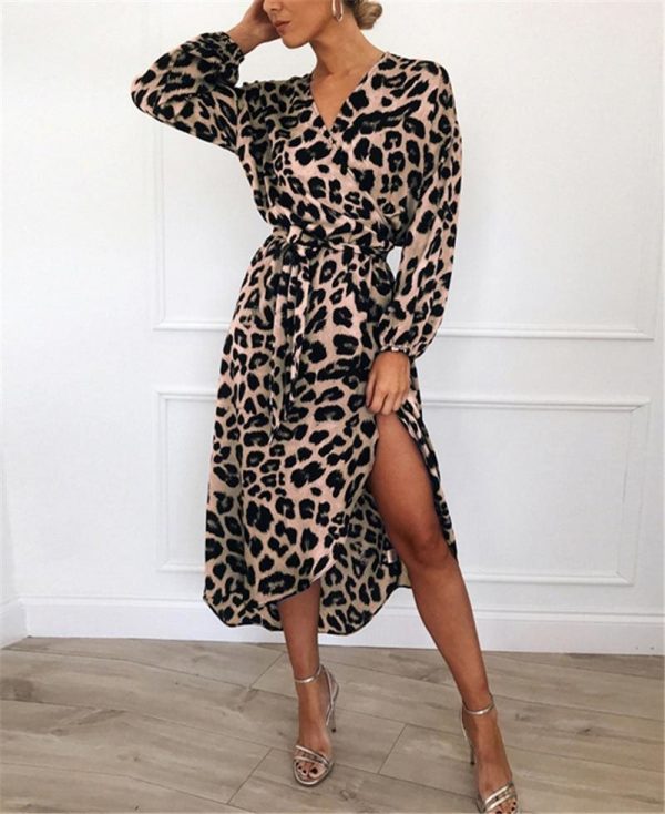 The Best Leopard Dress Women Loose Long Sleeve Deep V-neck A-line Dress Online - Source Silk