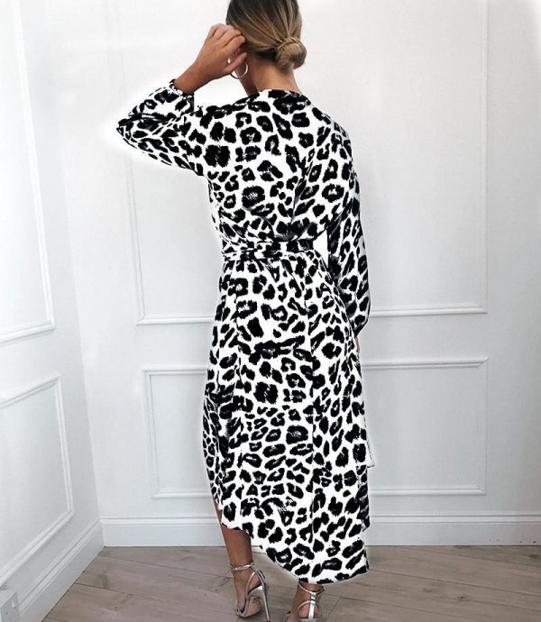 The Best Leopard Dress Women Loose Long Sleeve Deep V-neck A-line Dress Online - Source Silk