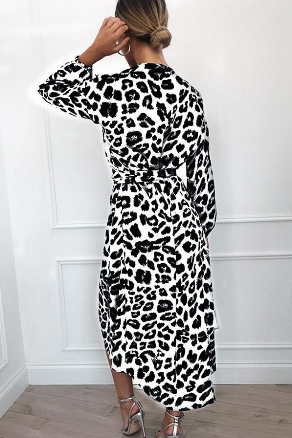 The Best Leopard Dress Women Loose Long Sleeve Deep V-neck A-line Dress Online - Source Silk