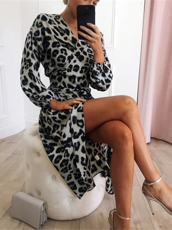 The Best Leopard Dress Women Loose Long Sleeve Deep V-neck A-line Dress Online - Source Silk