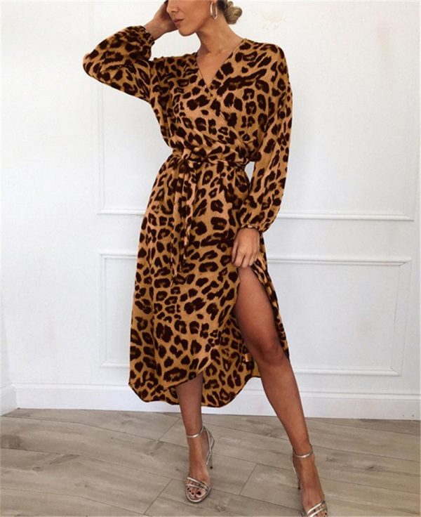 The Best Leopard Dress Women Loose Long Sleeve Deep V-neck A-line Dress Online - Source Silk