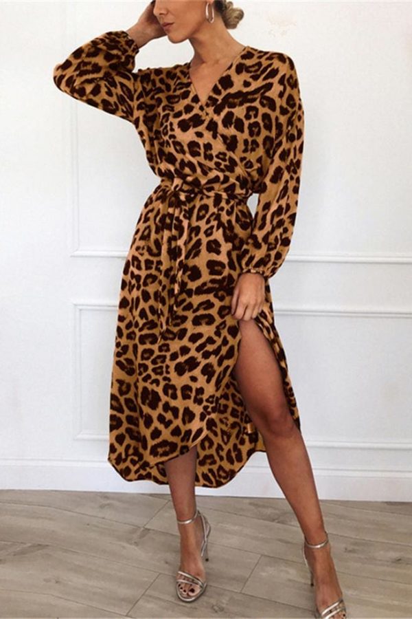 The Best Leopard Dress Women Loose Long Sleeve Deep V-neck A-line Dress Online - Source Silk