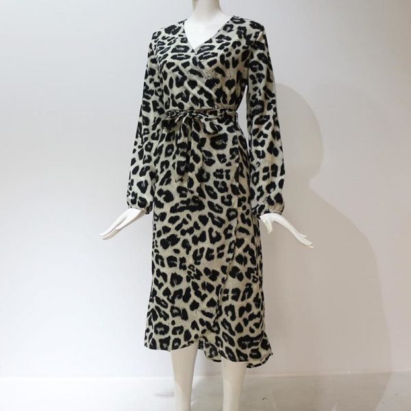 The Best Leopard Dress Women Loose Long Sleeve Deep V-neck A-line Dress Online - Source Silk