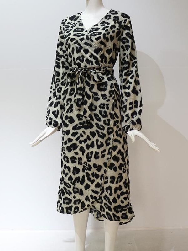 The Best Leopard Dress Women Loose Long Sleeve Deep V-neck A-line Dress Online - Source Silk