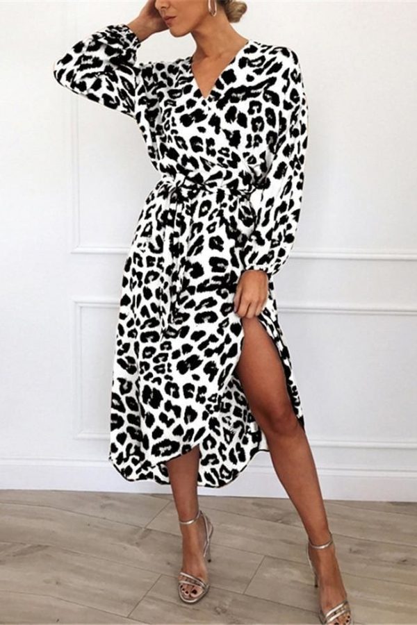 The Best Leopard Dress Women Loose Long Sleeve Deep V-neck A-line Dress Online - Source Silk