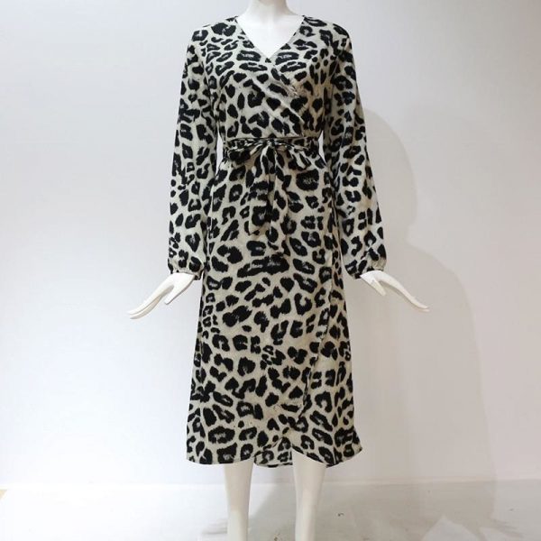 The Best Leopard Dress Women Loose Long Sleeve Deep V-neck A-line Dress Online - Source Silk