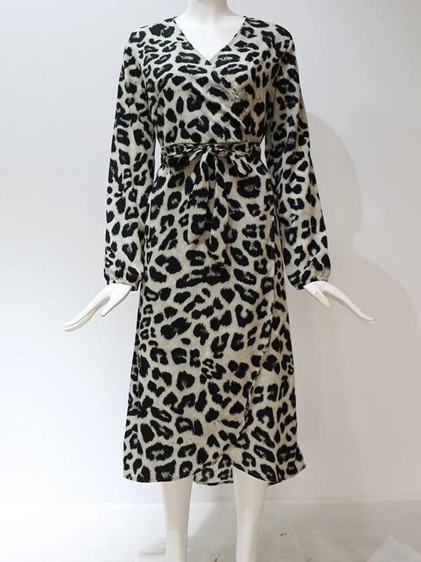 The Best Leopard Dress Women Loose Long Sleeve Deep V-neck A-line Dress Online - Source Silk