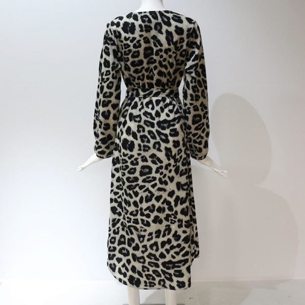 The Best Leopard Dress Women Loose Long Sleeve Deep V-neck A-line Dress Online - Source Silk