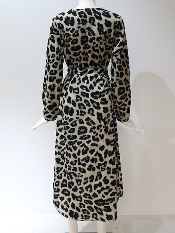 The Best Leopard Dress Women Loose Long Sleeve Deep V-neck A-line Dress Online - Source Silk