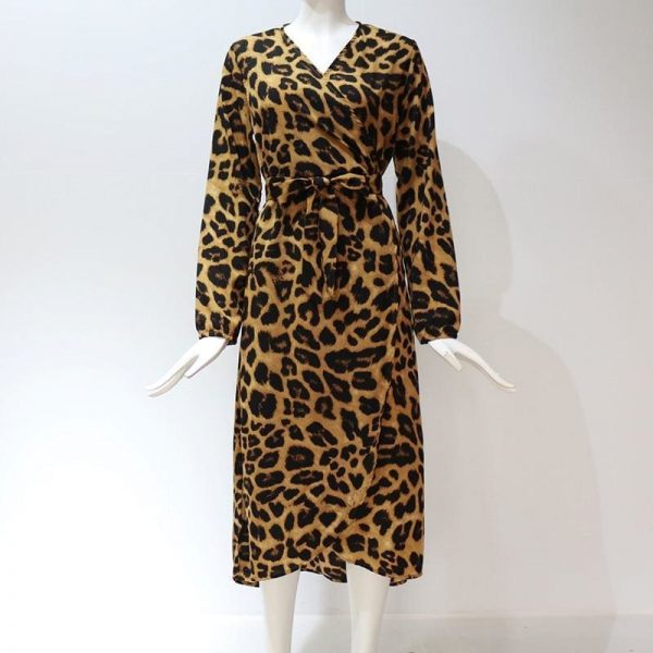 The Best Leopard Dress Women Loose Long Sleeve Deep V-neck A-line Dress Online - Source Silk