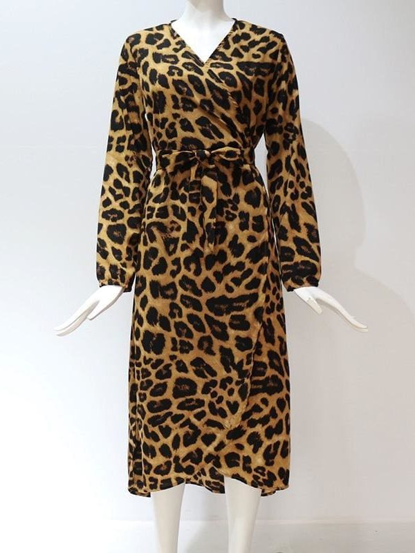 The Best Leopard Dress Women Loose Long Sleeve Deep V-neck A-line Dress Online - Source Silk