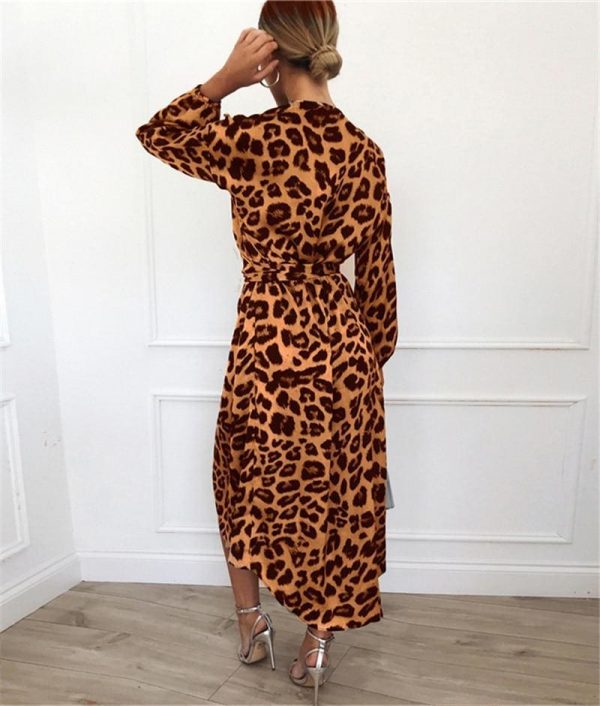 The Best Leopard Dress Women Loose Long Sleeve Deep V-neck A-line Dress Online - Source Silk