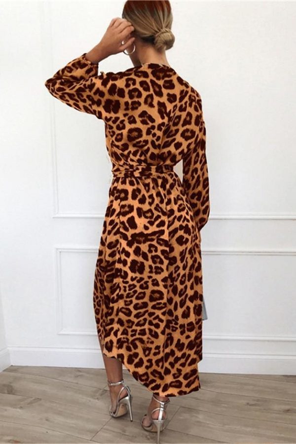 The Best Leopard Dress Women Loose Long Sleeve Deep V-neck A-line Dress Online - Source Silk