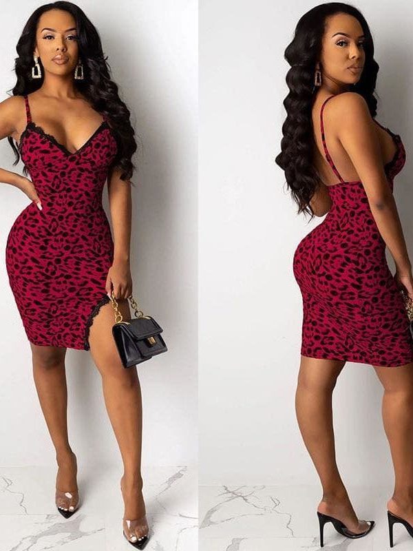 The Best Leopard Print Lace Bodycon Mini Dress Sleeveless Party Clubwear Vestidos Sundress Online - Takalr