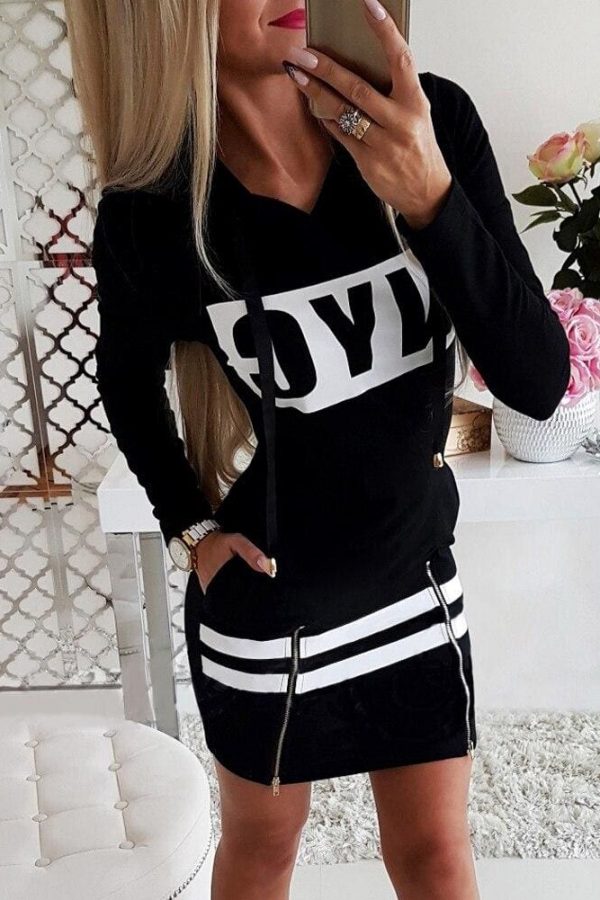 The Best Letter Print Hooded Long Sleeve Sweatshirt Dress Women Autumn Spring Loose Hoodie Casual Red Gray Black Clothes Shirt Dresses Online - Source Silk