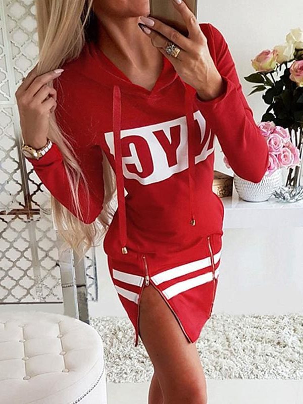 The Best Letter Print Hooded Long Sleeve Sweatshirt Dress Women Autumn Spring Loose Hoodie Casual Red Gray Black Clothes Shirt Dresses Online - Source Silk