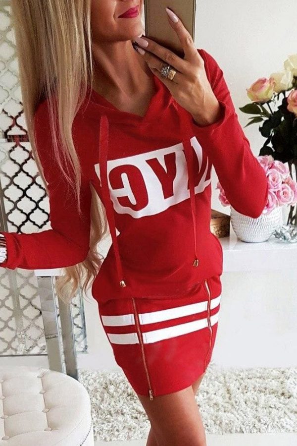 The Best Letter Print Hooded Long Sleeve Sweatshirt Dress Women Autumn Spring Loose Hoodie Casual Red Gray Black Clothes Shirt Dresses Online - Source Silk