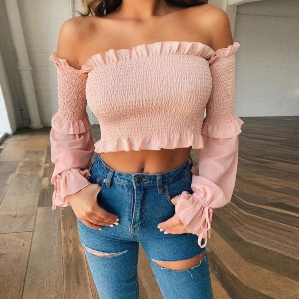 The Best Long Sleeve Top Ribbed Elastic Pleated Frill Vintage Blouse Women Fall Online - Source Silk