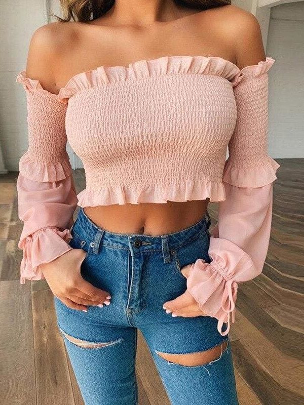 The Best Long Sleeve Top Ribbed Elastic Pleated Frill Vintage Blouse Women Fall Online - Source Silk