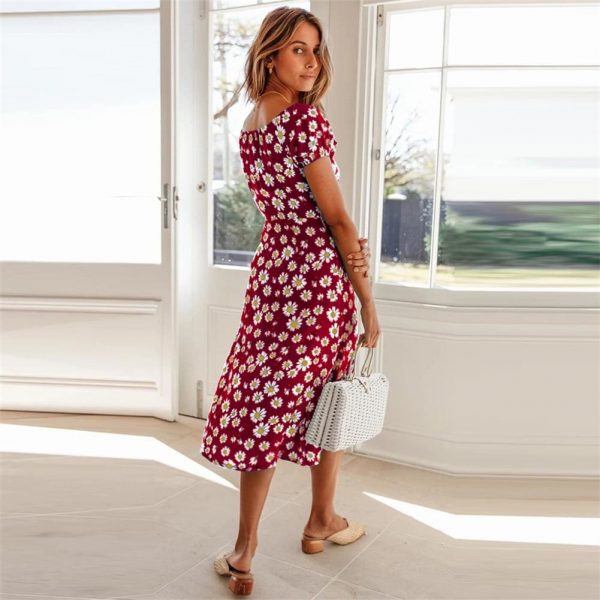 The Best Maxi Floral Dress Ladies Holiday Casual Beach Swing Dresses Casual Boho Short Sleeve Square Neck Holiday Dress Online - Takalr