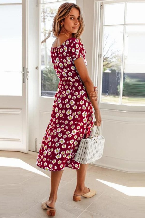 The Best Maxi Floral Dress Ladies Holiday Casual Beach Swing Dresses Casual Boho Short Sleeve Square Neck Holiday Dress Online - Takalr