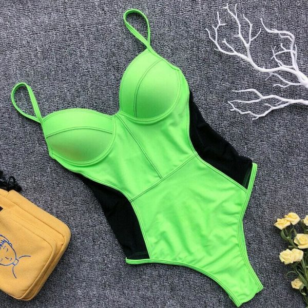 The Best Mesh Patchwork One Piece Swimwear New Push Up Swimsuit Padded Bathing Suit Women High Waist Beachwear Summer Online - Takalr