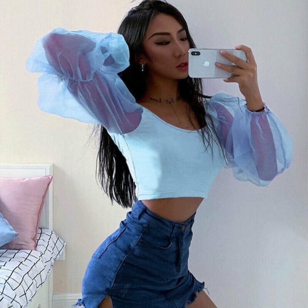 The Best Mesh See Through Lantern Long Sleeve Crop Top Shirt Autumn Women Backless Patchwork Slim Square neck T-Shirt Tees Online - Takalr