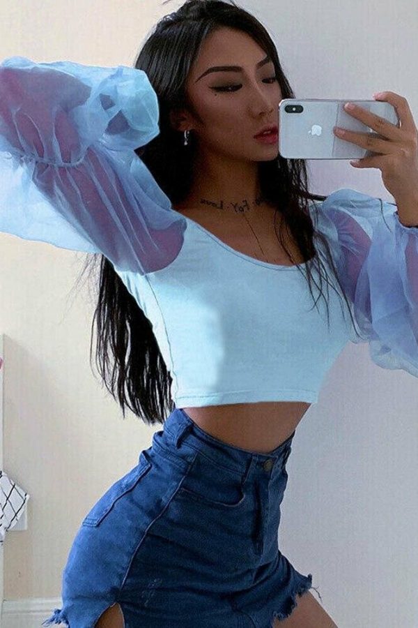 The Best Mesh See Through Lantern Long Sleeve Crop Top Shirt Autumn Women Backless Patchwork Slim Square neck T-Shirt Tees Online - Takalr